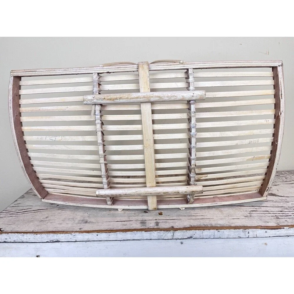 Vintage White Washed Bent Bamboo Garden Trug Handled Flower Basket 20”